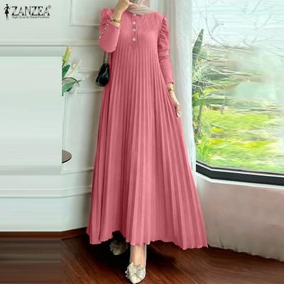 Женское повседневное свободное плиссированное платье с круглым вырезом и длинным рукавом