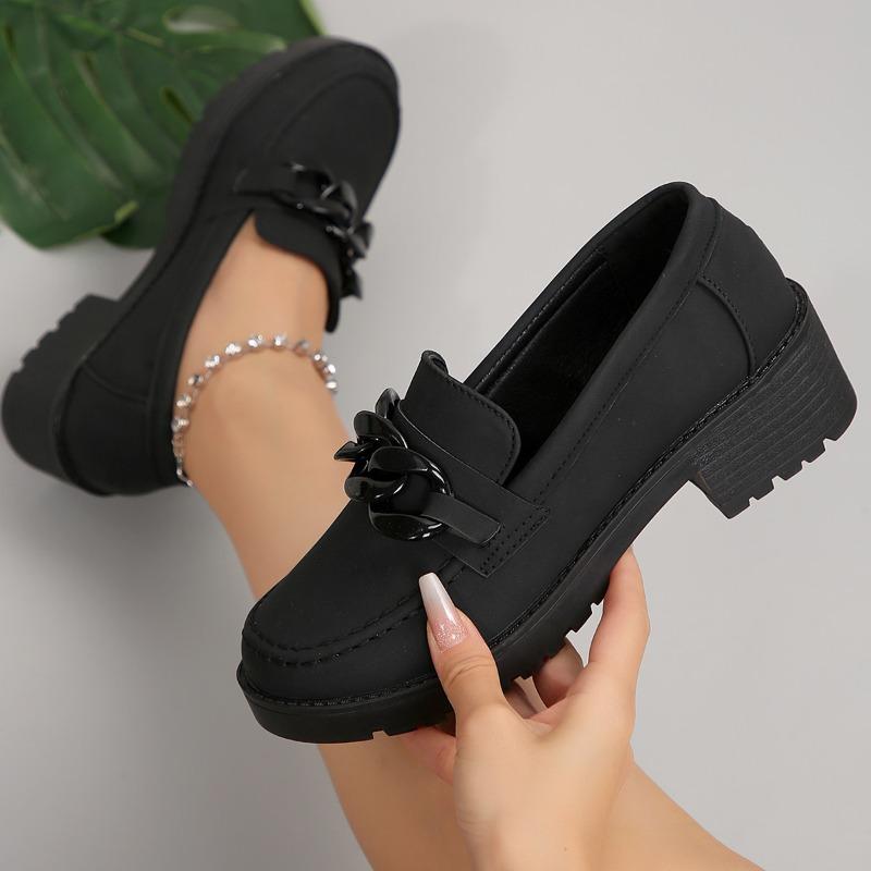 2024 Brand Shoes Female Loafers Women's High Heels Plus Size Office Pumps Women Chain Round Toe Slip On Square Heel Shoes Women