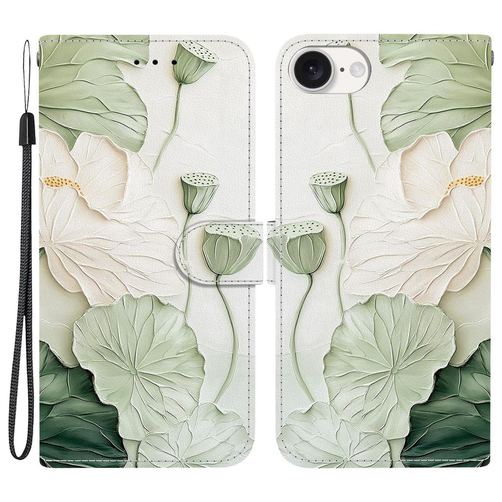 Для iPhone 16e Чехол-кошелек Кожаный чехол-подставка с печатью рисунка и ремешком