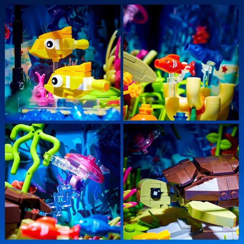 Aquatic Animal Fish Tank Marine Organism Tortoise Building Blocks Set 7024 Aquarium Diy Assemble Bricks Toy Kit With Light