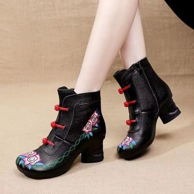 Модные этнические ботильоны бохо женские из искусственной кожи дешевые водонепроницаемые туфли женские винтажные вышитые ботинки женские на блочном среднем каблуке ботильоны