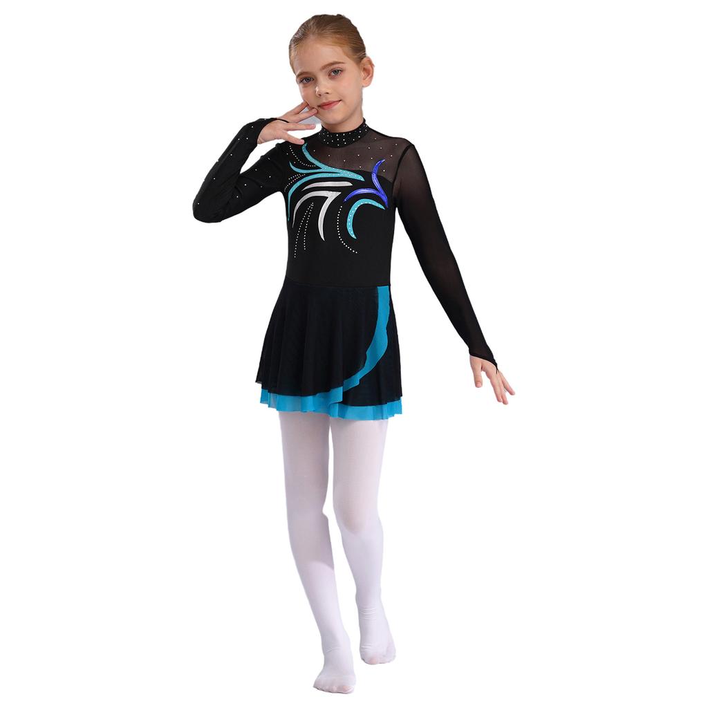 Платье для фигурного катания для девочек с блестящими стразами, прозрачной сеткой и пэчворком, с длинным рукавом для танцевальных выступлений