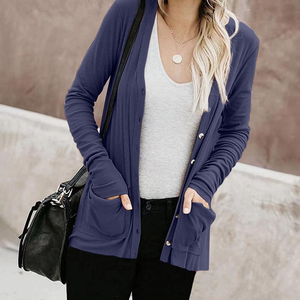 Women's Long Sleeve Tops Casual Shirts Button Down Pockets Basic Ribbed Knit T Shirts Cardigan