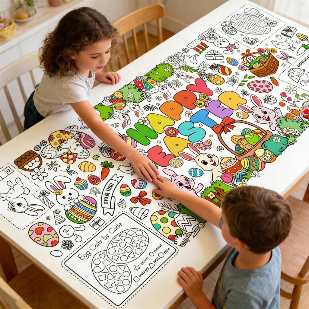 Giant Easter Coloring Poster, Bunny Egg, Children's Birthday Party Disposable Paper Tablecloth