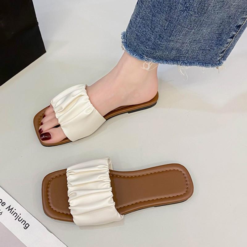 Летние тапочки для женщин, плиссированные шлепанцы, балетки, 2024, новые корейские тапочки, женские сандалии, зеленые туфли без застежек, большой размер 36-43