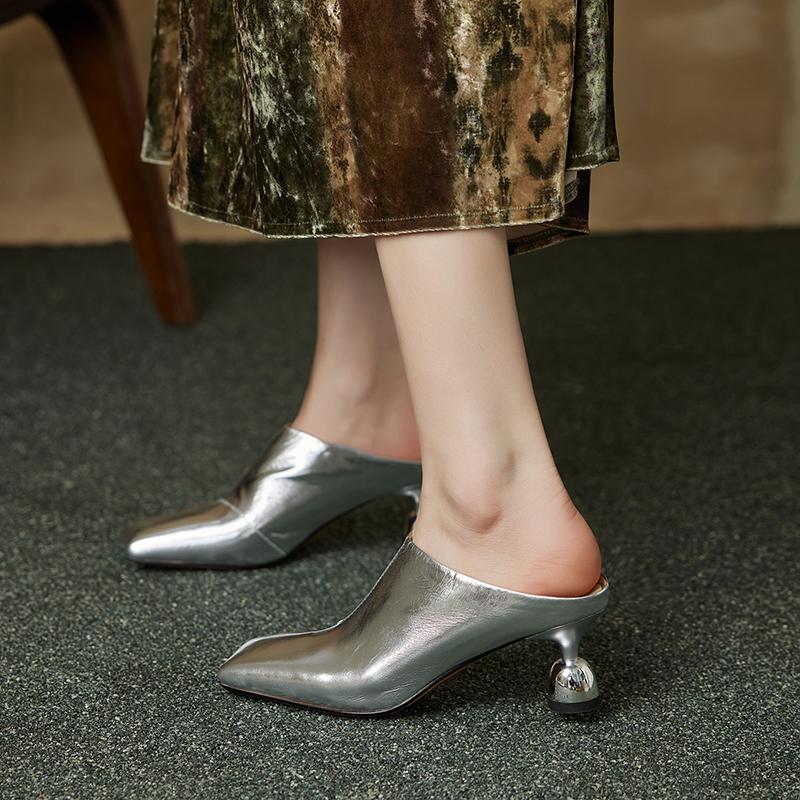 Мода 2025 Женские Новые Весенне-Летние Туфли-Мюли с Квадратным Носком из Натуральной Кожи Овчины Баотоу на Высоком Каблуке Большого Размера Женские