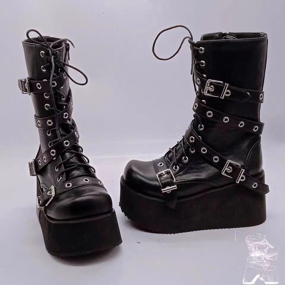 Autumn Women Boots Buckle Female Round Toe Wedges Platform Boots Punk Goth Ladies Fashion Street Shoes Combat Boots Plus Size 43