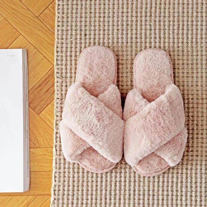 Winter Women House Slippers Faux Fur Fashion Warm Shoes Woman Slip On Flats Female Slides Black Pink Cozy Home Furry Slippers