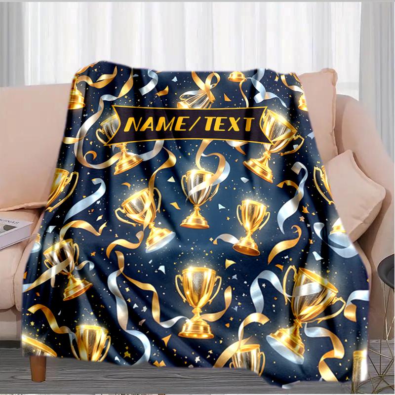 1PC Custom Name Golden Trophy Celebration flannel blanket versatile,all-season throw suitable for the living room,bedroom,camping,travel,and gift