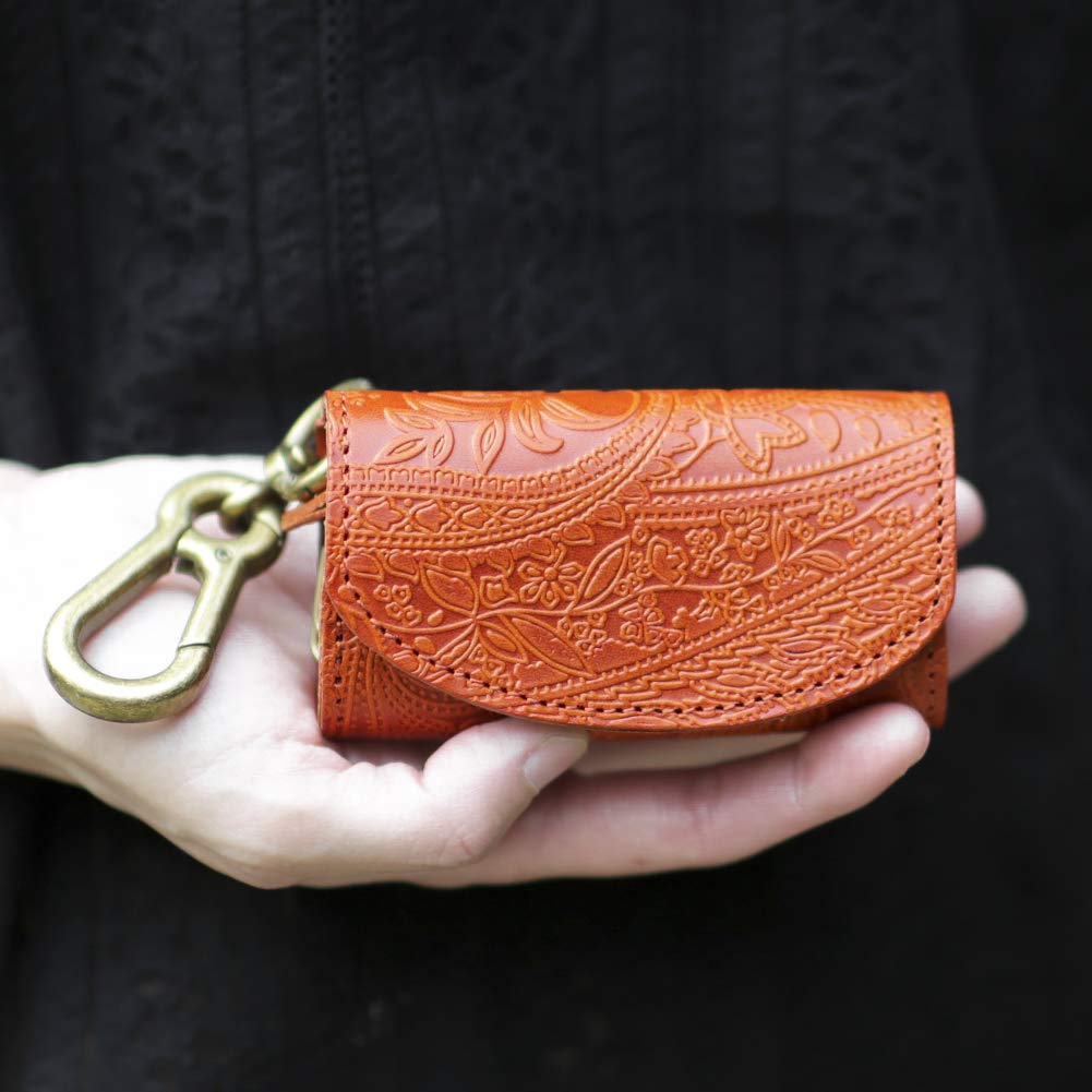 Ключница и кошелек для монет Vincent Crafted Paolo Carabiner, Сделано в Японии из кожи Tochigi, Дизайн Пейсли (Один размер, оранжевый)