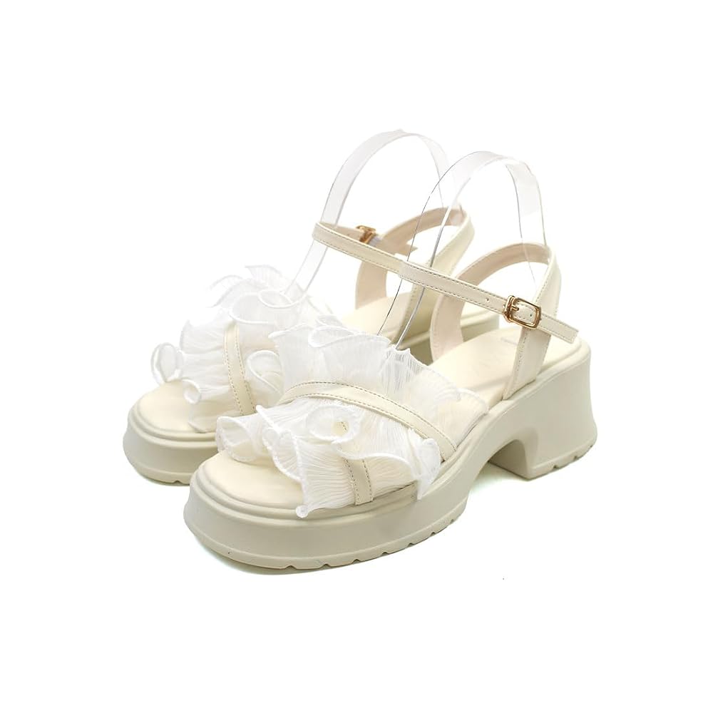 Women's Sandals, 65cm, Platform, Frilled, Tulle, Sheer, Ankle Strap, V57004SM, Ivory, L240-245