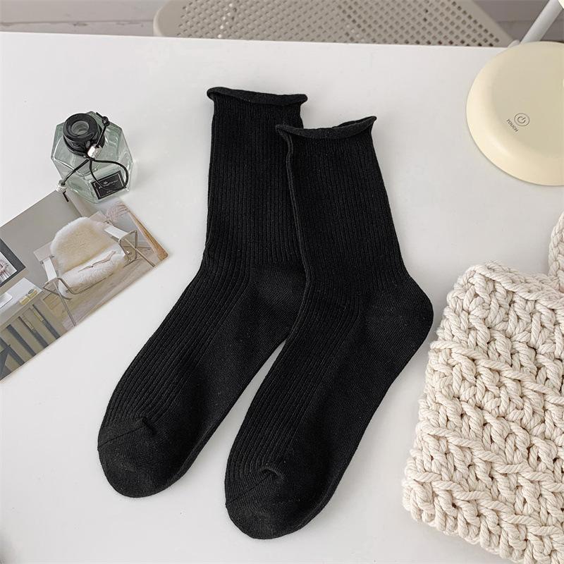 Закатанные носки-гольфы для женщин, весенне-осенние однотонные хлопковые носки до середины икры, бежевые простые и универсальные длинные носки, летние