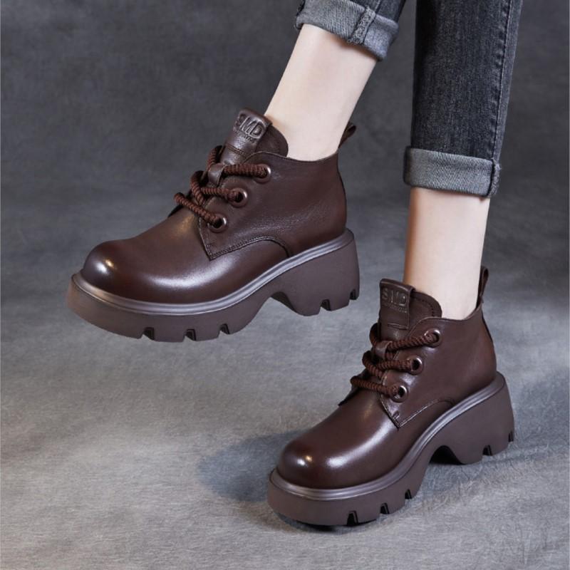 Johnature Натуральная кожа толстые подошвы короткие сапоги винтажные универсальные женские туфли на платформе