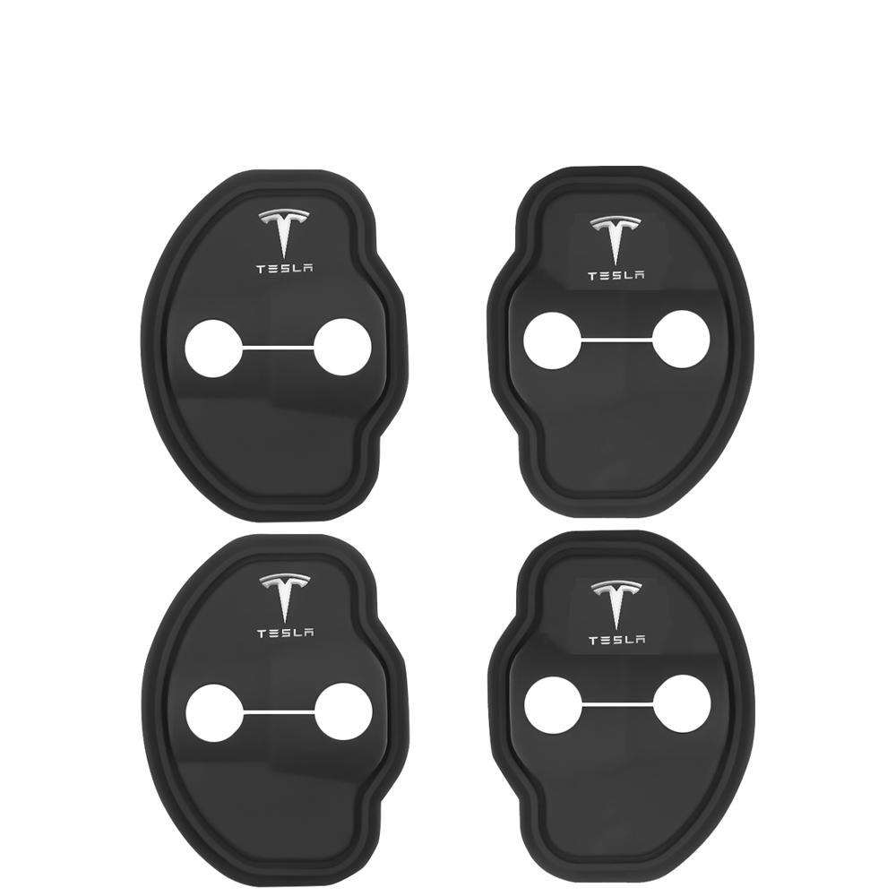 QPPU3 4pcs Car Logo Silicone Door Lock Protective Cover Sticker For Tesla Model 3 Model S X Model Y Roadster Cybertruck Semi Accessory