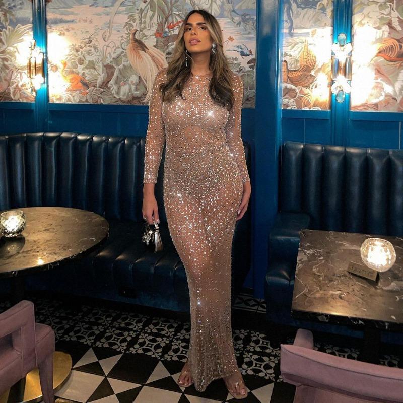 Прозрачное сетчатое платье с кристаллами для женщин, кружевное прозрачное облегающее платье макси с длинным рукавом, тонкое сексуальное пляжное платье для женщин