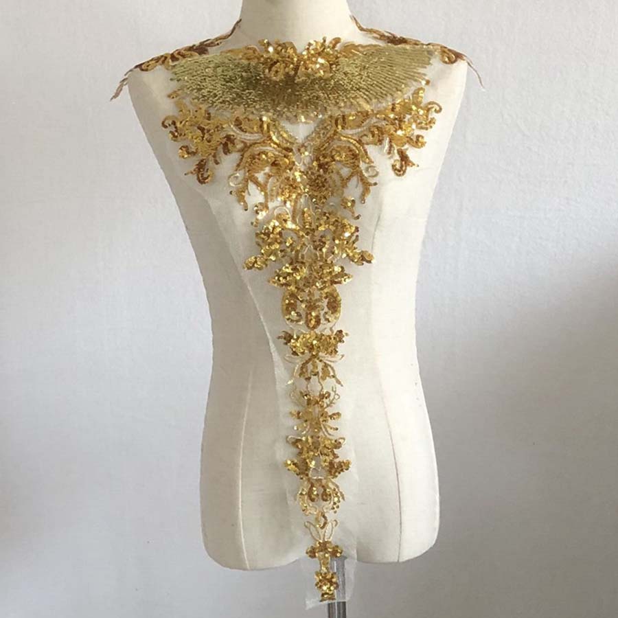 1 комплект золотых аппликаций с пайетками, красная синяя вышитая кружевная ткань, свадебные нашивки для украшения платья своими руками