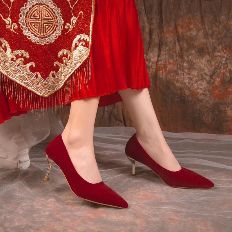 Модные красные свадебные туфли для женщин 2024 года, весна/лето/осень, новые женские туфли с острым носком, изящные туфли для невесты на высоком каблуке, размер 34-40
