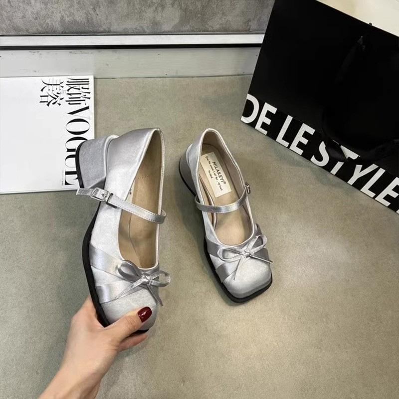 2025 летние новые туфли Мэри Джейн с одним словом, женские новые туфли Мэри Джейн с квадратным бантом и атласным толстым каблуком