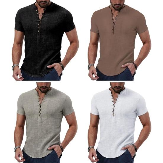 Men's Cotton Linen Shirt Casual Button Top Loose Fit Short Sleeve T-shirt Breathable Summer Clothes for Daily Wear