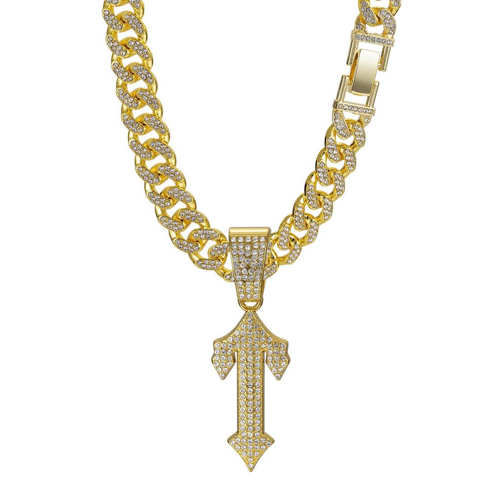 European-American Hip-Hop Style Cuban Necklace with Large Sword Alloy Full Diamond Pendant Trendy Men's Jewelry