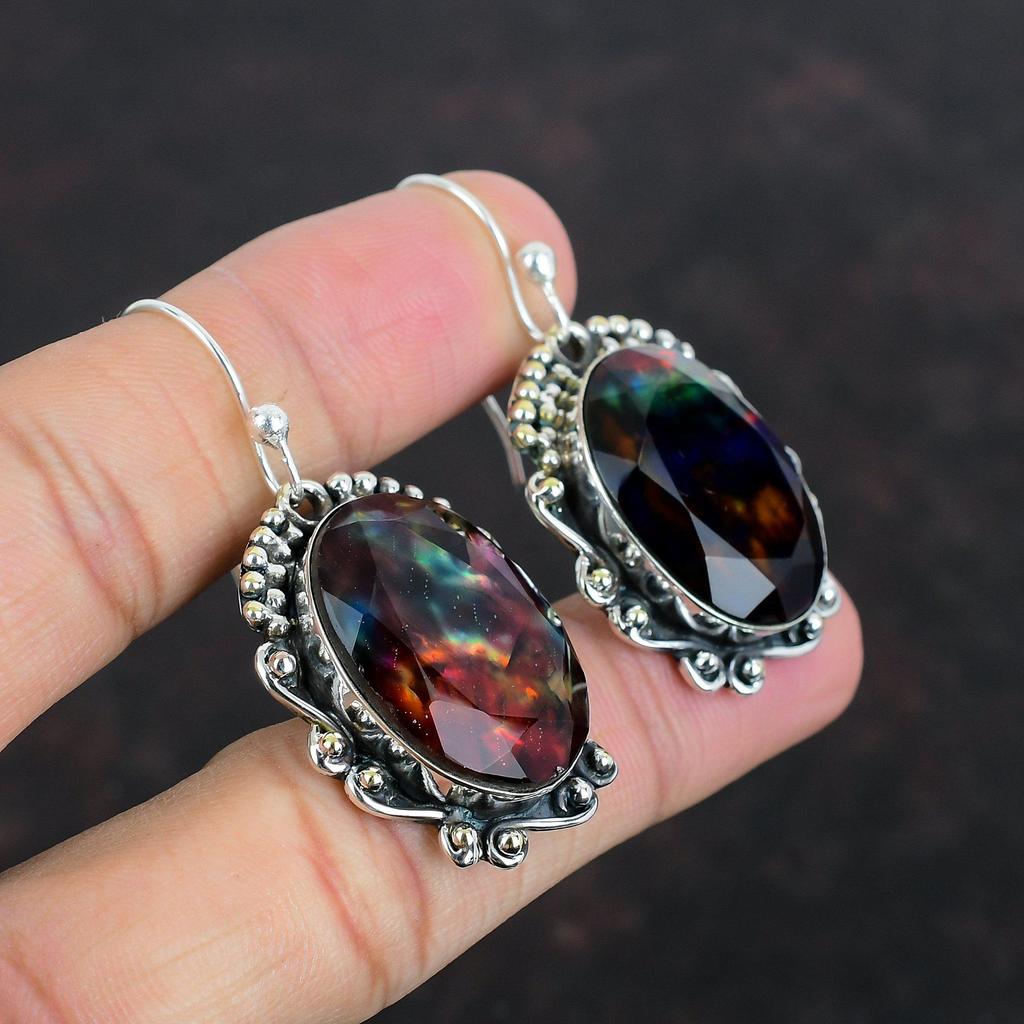 Граненые серьги из аммолита, серьги из стерлингового серебра 925 пробы, серьги с драгоценными камнями, ювелирные изделия из аммолита, серьги-подвески ручной работы, подарки для нее, дизайнерские украшения