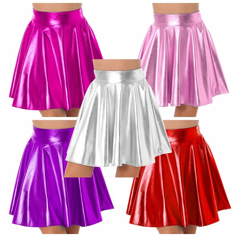 Женская глянцевая расклешенная юбка с высокой талией, блестящая металлическая рюшная костюмная одежда для вечеринок и танцев