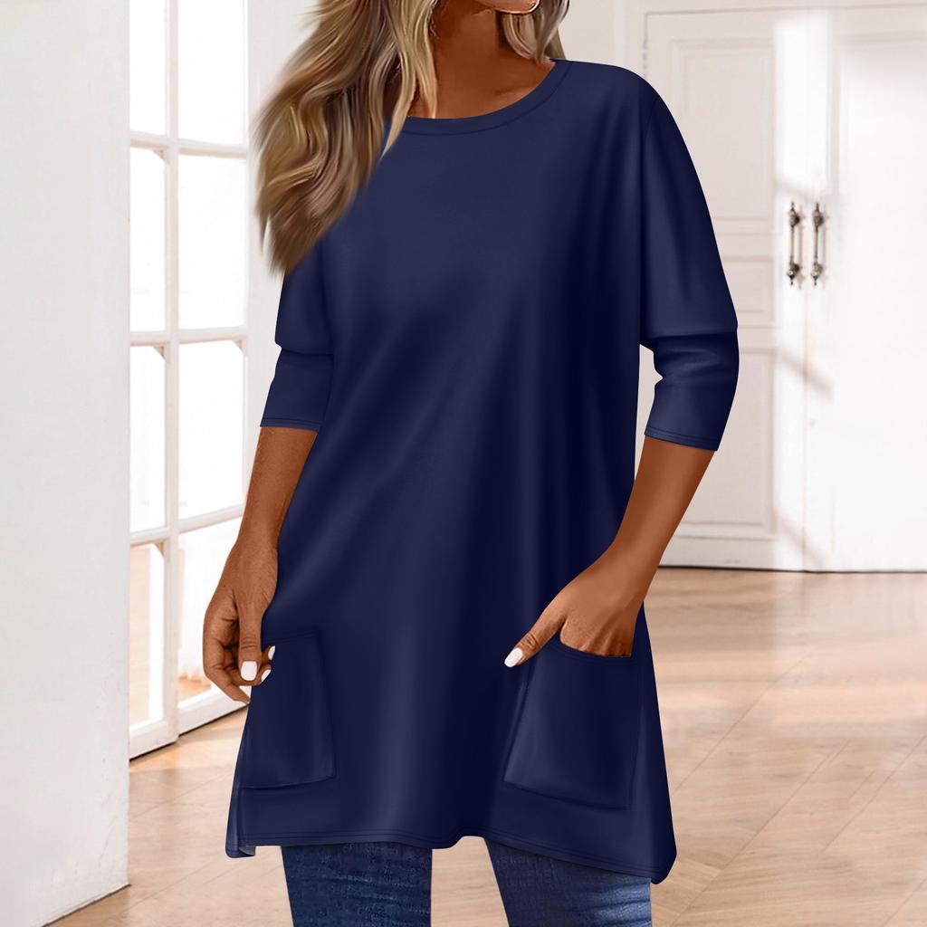 3/4 Sleeve Pocket Tops For Women T-Shirt Casual Print Mid-length Tops T Shirt Round Neck Pullover Blouse