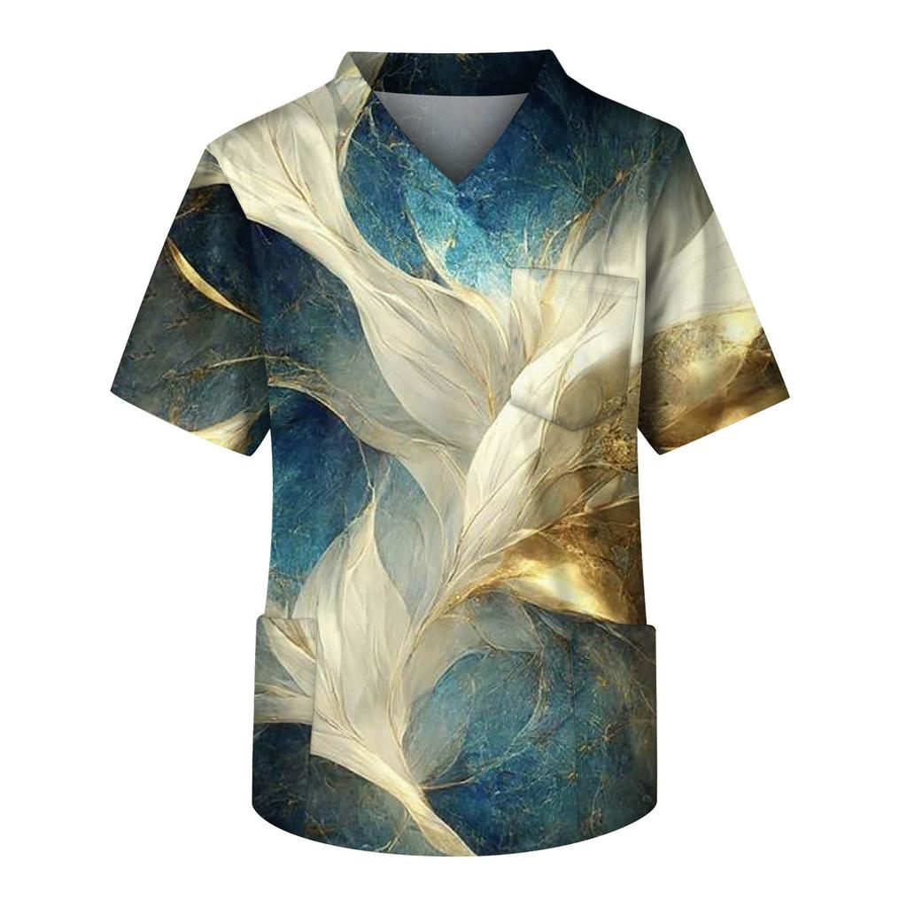 Мужские топы с короткими рукавами и v-образным вырезом с принтом, рабочая блузка с карманами