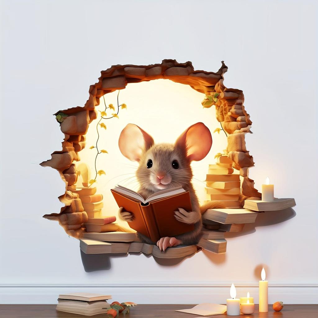 1 шт. 3D-наклейка на стену с изображением мультфильма - яркий дизайн книги для чтения с мышкой, водонепроницаемая съемная самоклеящаяся.