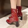 Fashion Women's Fashion High Heel Ankle Boots Square Toe Back Zipper Short Boots Woman Elegant Solid Color Patent Leather Botas De Mujer