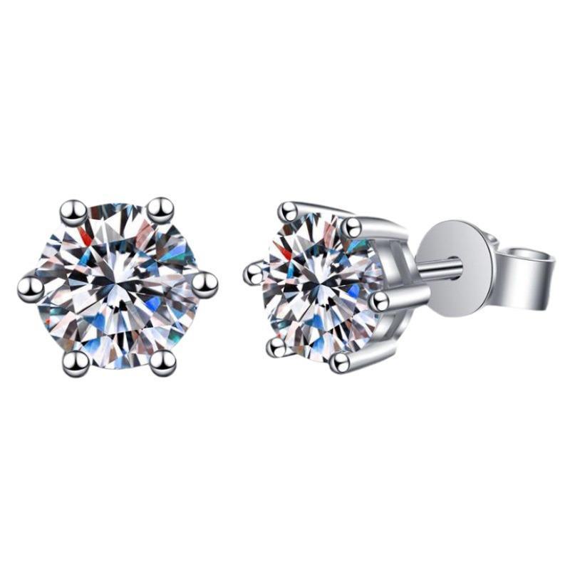 Simulated Moissanite One-Carat Princess Crown Six-Claw Silver Earrings