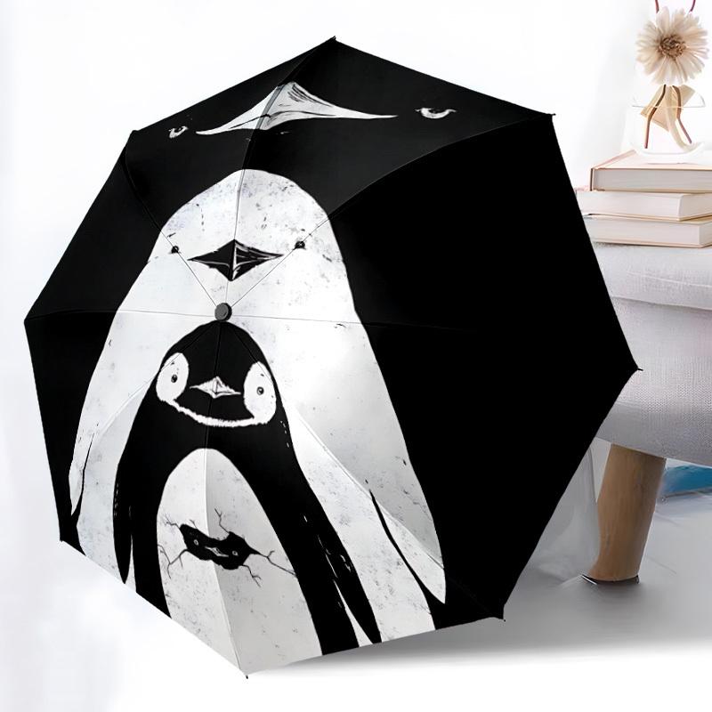 1pc Penguin Family Adventure Auto Open/close, 8-Rib Iron Frame, Compact Folding Cute Umbrella All-Season Portable Umbrella for Travel 030