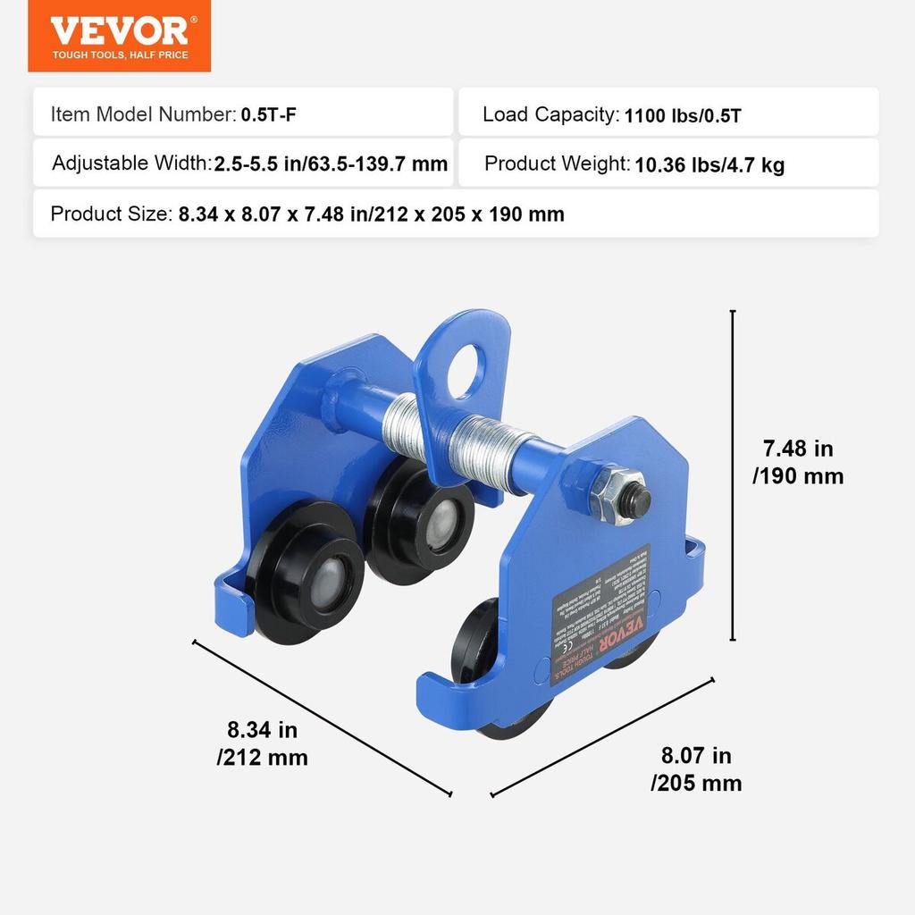 Manual Trolley, 1100 lbs/0.5 Ton Load Capacity Push Beam Trolley with Dual Wheels, Adjustable for I-Beam Flange Width 63.5-139.7 mm, Heavy Duty Alloy