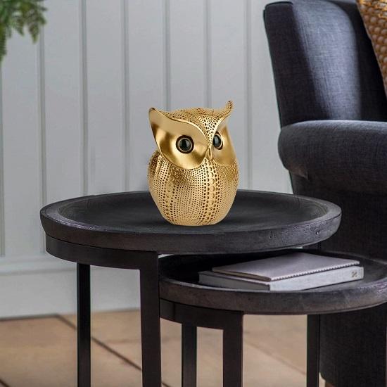 Modern Classy Lucky Owl Resin Art Figure Showpiece (Golden), 1 Piece