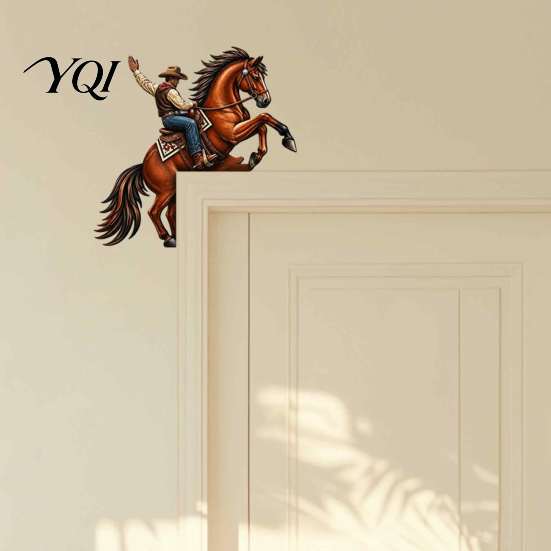 Rustic Home Ornaments Western Horse Wooden Door Topper Decor, 2D Printed Frame Gift for Animal Lovers Ornament, Top Shelf Decoration Farmhouse