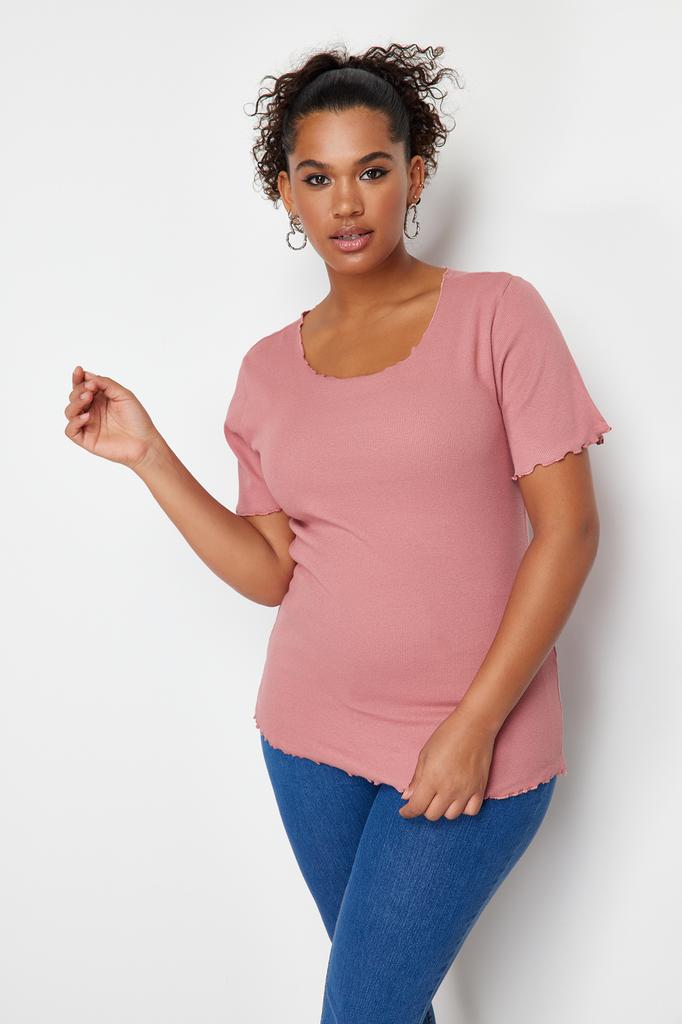 Women's Fashion New Big Size Blouse Stone Ribbed U-Neck Knitted T-Shirt