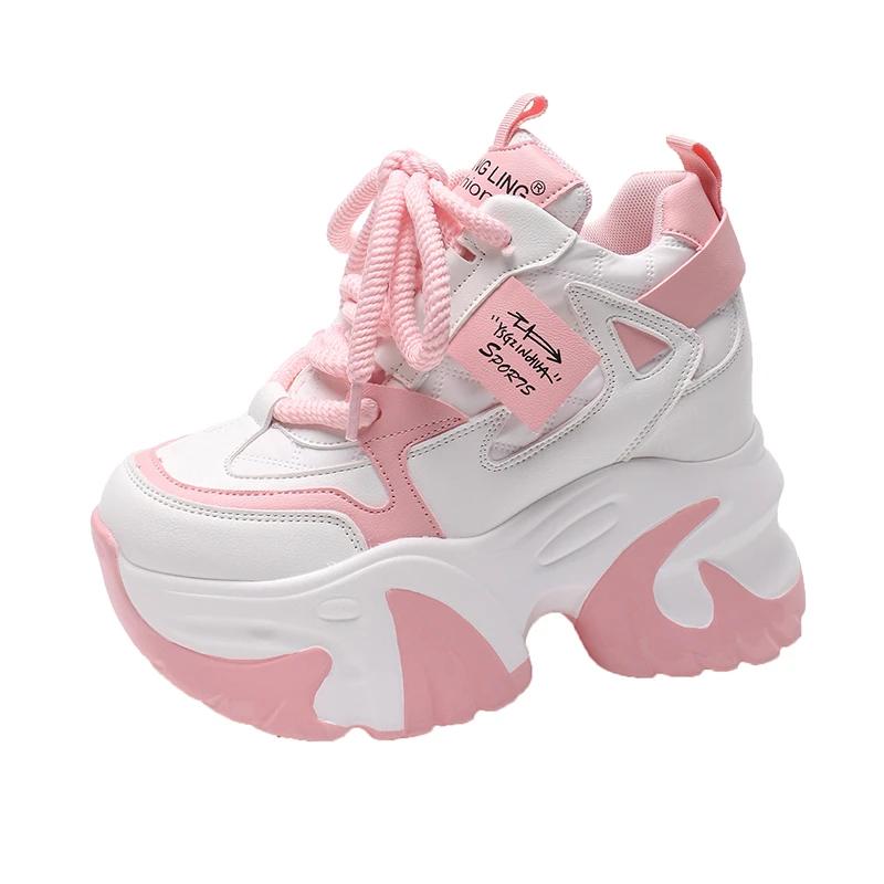 Модные женские кроссовки для ходьбы 2025 Весна На шнуровке Высокая платформа Массивная обувь Дышащая кожаная обувь Клиновидный каблук 10 см Повседневная обувь