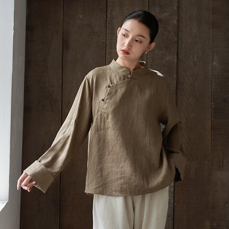 Johnature Женские китайские рубашки, топы, стойка, длинный рукав, блузки на пуговицах, весенние винтажные мягкие женские рубашки