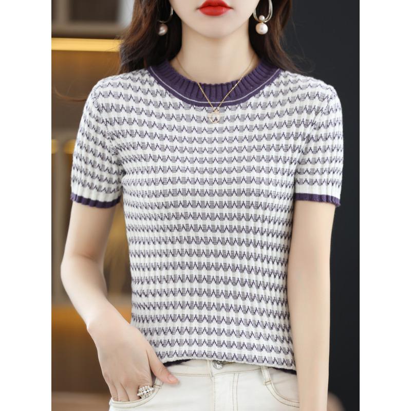 Полосатая трикотажная футболка с коротким рукавом женская весенне-летняя новинка круглый вырез сочетание цветов облегающий хлопковый топ