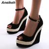 Aneikeh/летняя женская обувь, сандалии на платформе, сандалии-гладиаторы из флока, модные туфли на танкетке с пряжкой и ремешком, вечерние черные туфли на каблуке с круглым носком, размеры 35–42