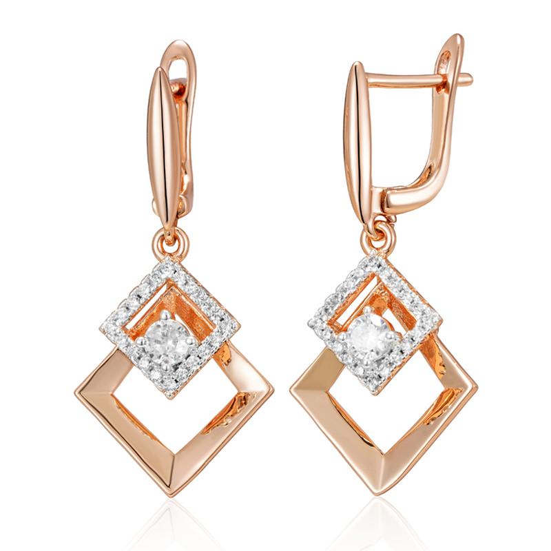 Double Square Smooth Gold Color Inlay Silver Plated Zircon English Lock Dangle Earrings Luxury Women Geometric Jewelry