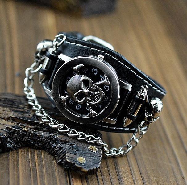 Fashion Men Womens Black Punk Rock Retro Unisex Chain Skull Leather Wrist Watches Gothic Bracelet AVE