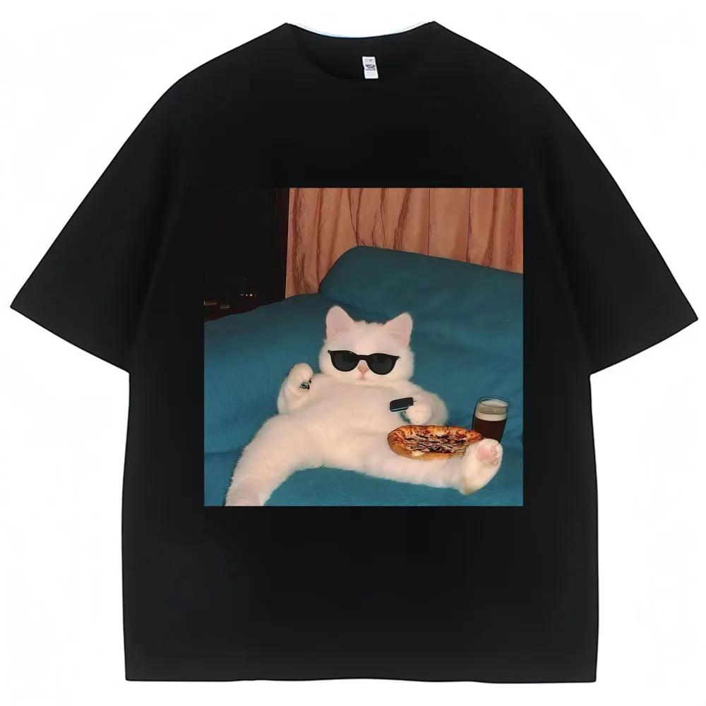 Funny Glasses Cat and Pizza Meme Tshirt Women Creativity Fashion Kawaii T Shirts Casual Tees Cat Lovers Gifts Graphic T Shirts
