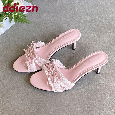 Мода Мода Бабочка-узел Женские Тонкие Каблуки Тапочки Обувь Обувь Круглый Носок Женские Тапочки на Каблуке Сандалии Женские Шлепанцы Обувь