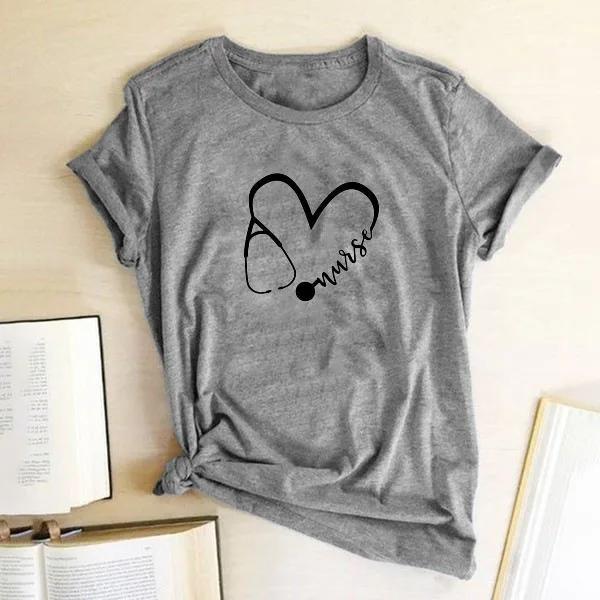 Медсестра стетоскоп сердце принт футболка женская короткий рукав O-образный вырез свободная футболка летняя женская футболка топы Camisetas Mujer