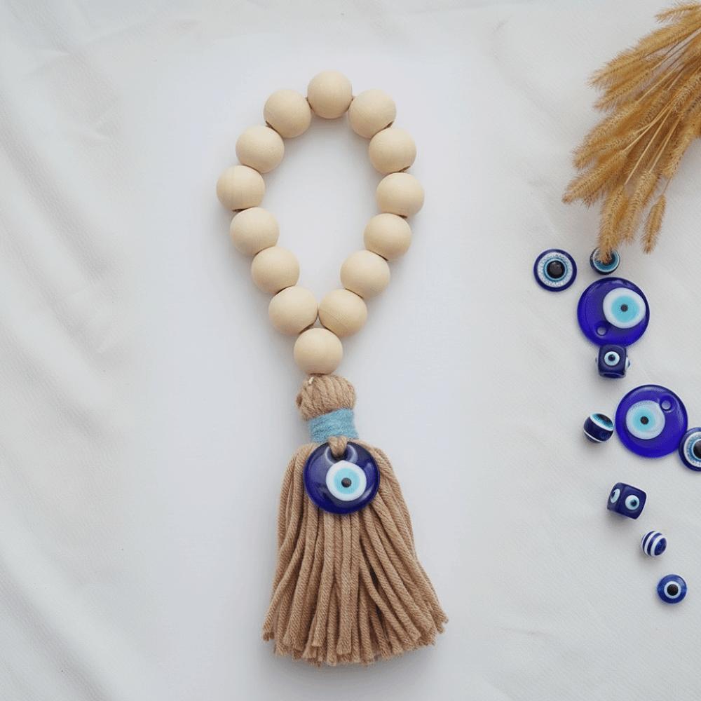 Handmade Wooden Bead Pendant 22cm Rearview Mirror Pendant Retro Tassel Pendant