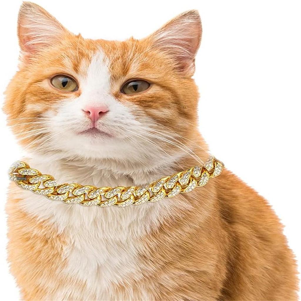 Золотое ожерелье-чокер из цинкового сплава с кубинской цепочкой и стразами для питомцев - для кошек и собак