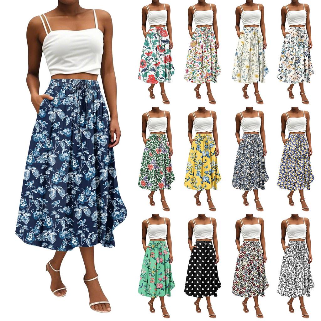 Women's Skirt Bohemian Flower Skirt Solid Color Casual Temperament With Pockets Skirt