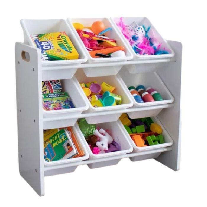 Étagère de Rangement Enfant avec 9 Bacs Amovibles – Organiseur Jouets et Livres en Bois Blanc – Meuble de Chambre