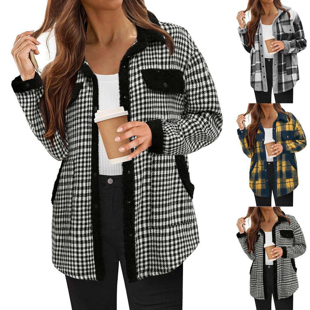 Women's Fashion Loose  Color Plaid Pocket Casual Lapel Plush Jacket Coat